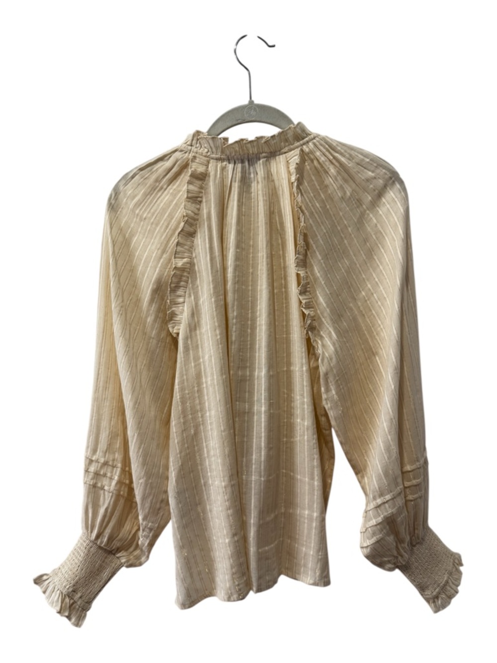 Cleobella Cream Ari Metallic Sparkle Stripe Ruffled Long Sleeve Peasant Blouse S - Picture 6 of 14